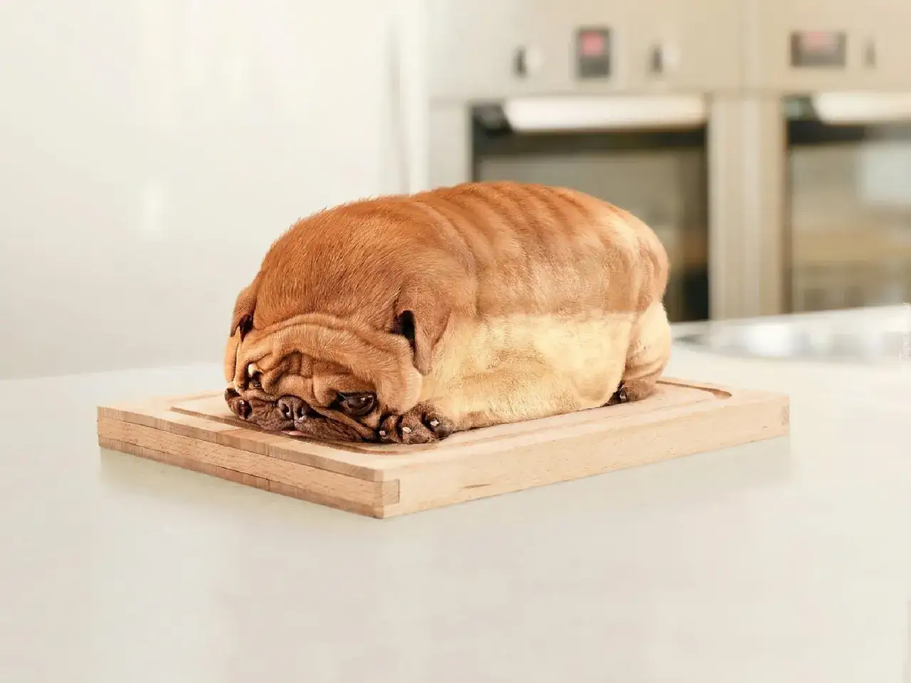 Pies z brzuchem po zjedzeniu chleba