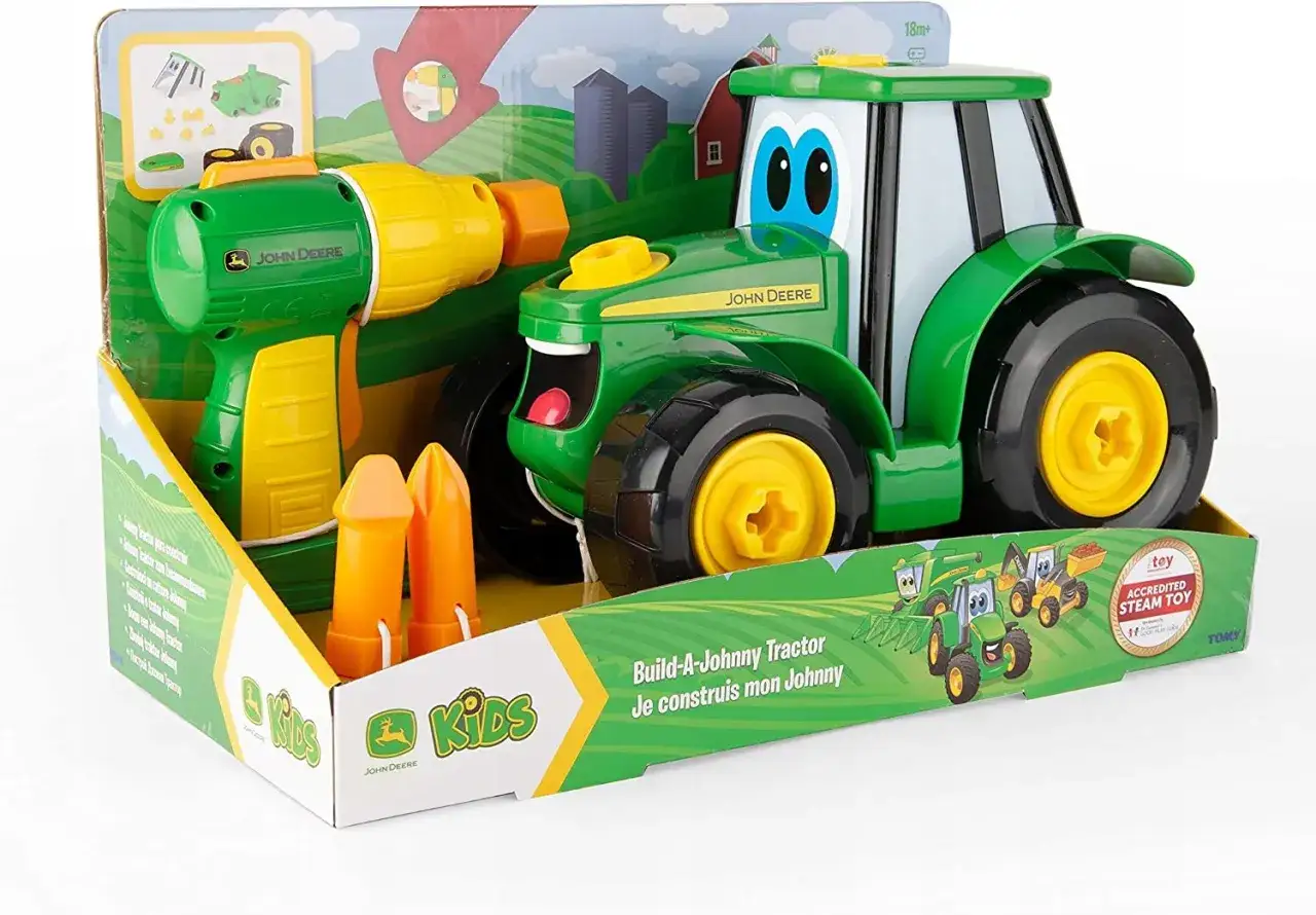 Zestaw do budowy mini traktora John Deere z wkrętarką i akcesoriami.