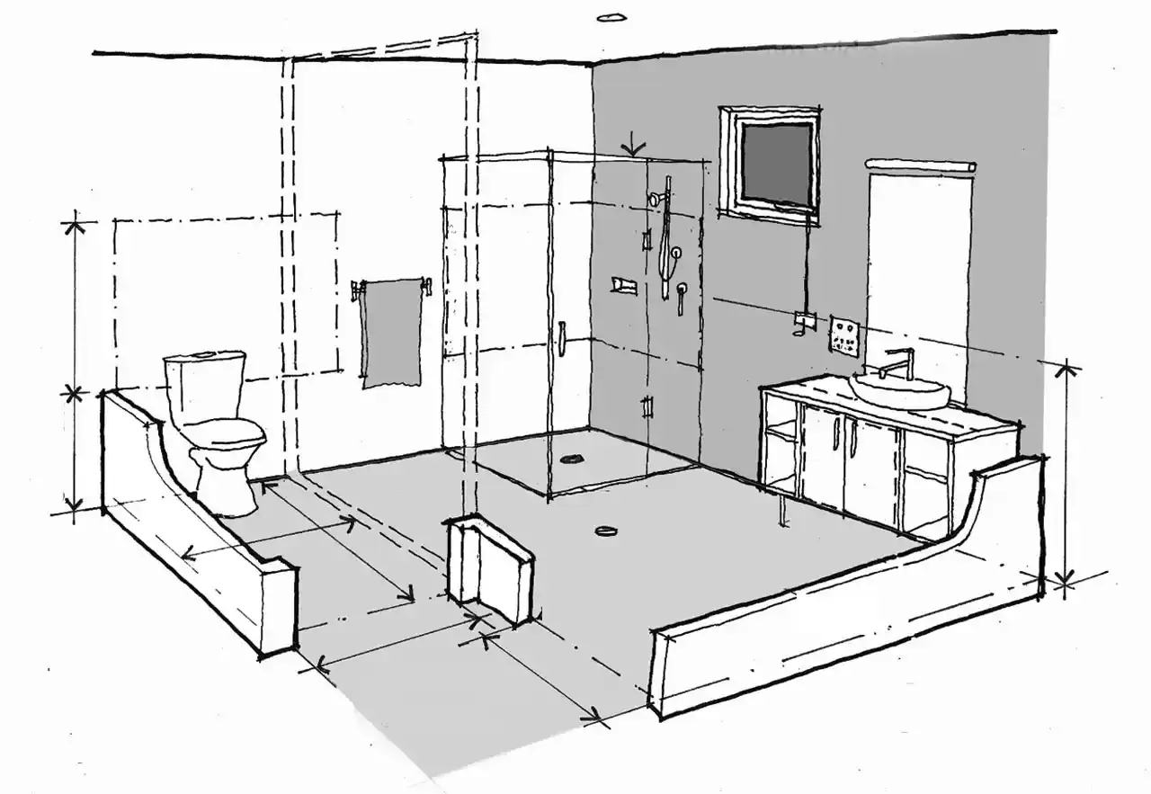 Boceto de ba&ntilde;o con ducha, inodoro y lavabo. Se muestran las medidas de instalaci&oacute;n de fontaner&iacute;a para la distribuci&oacute;n del espacio.