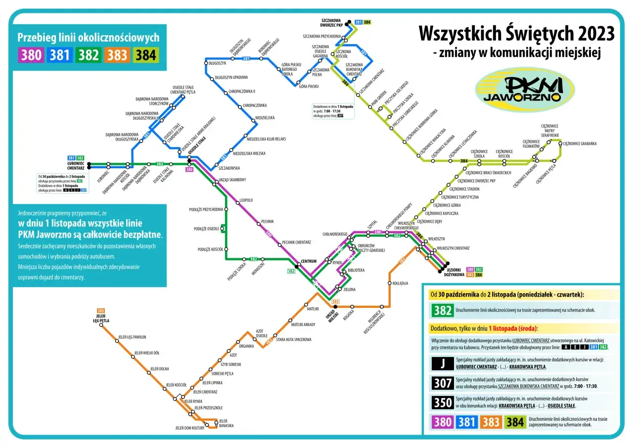Schemat linii autobusowych PKM Jaworzno na Wszystkich Świętych 2023. Rozkład jazdy autobusów z zaznaczonymi trasami i przystankami.