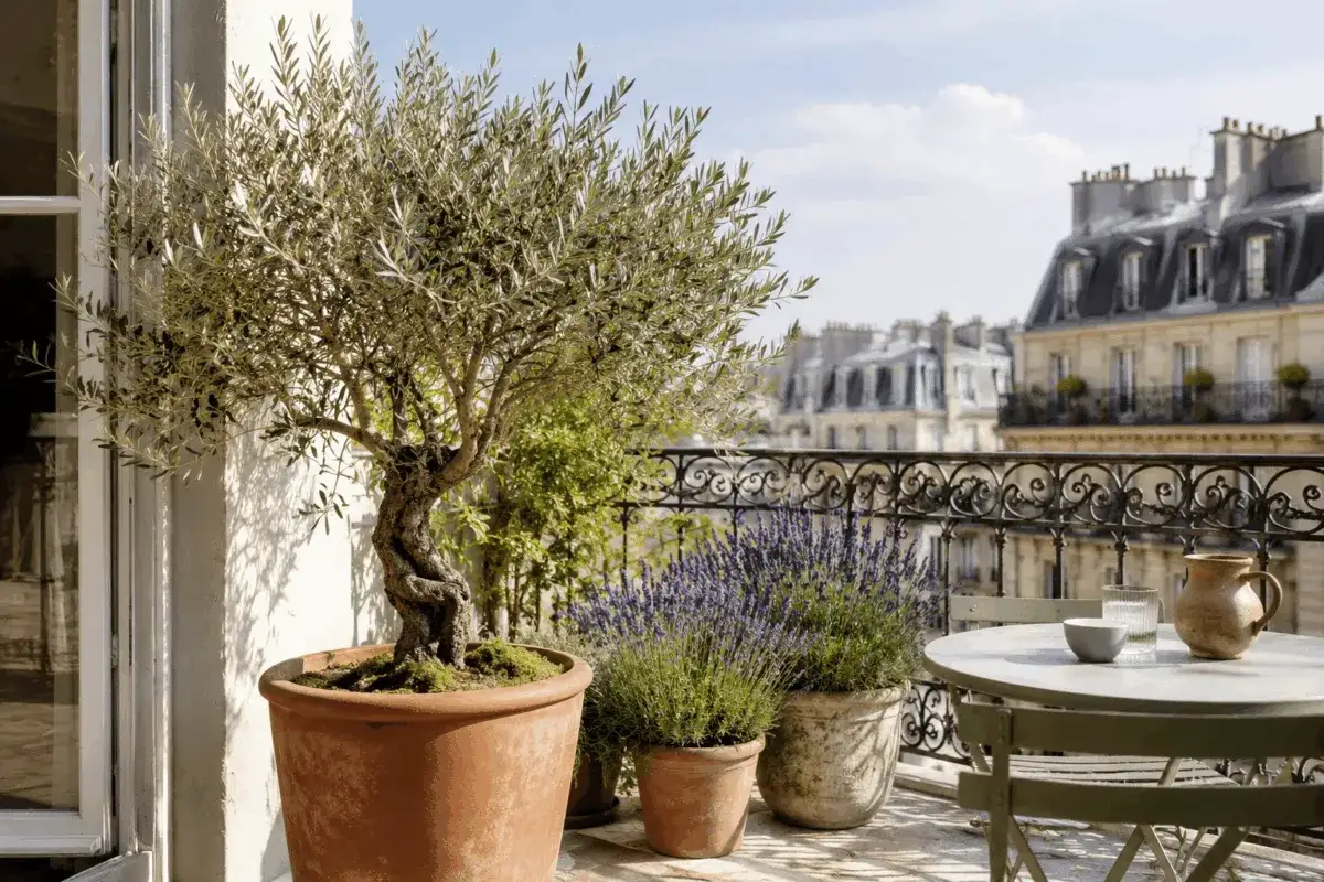 Un ulivo maestoso e lavanda profumata: splendide idee piante da terrazzo per un angolo di relax con vista sulla città.