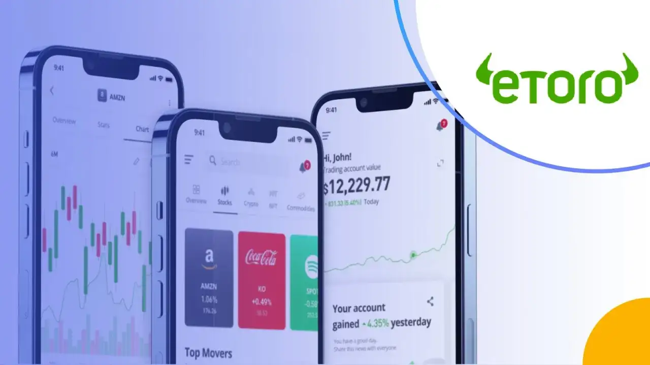 Trzy smartfony pokazujące aplikację eToro z wykresami i danymi giełdowymi. Sprawdź eToro opłaty i zacznij inwestować.