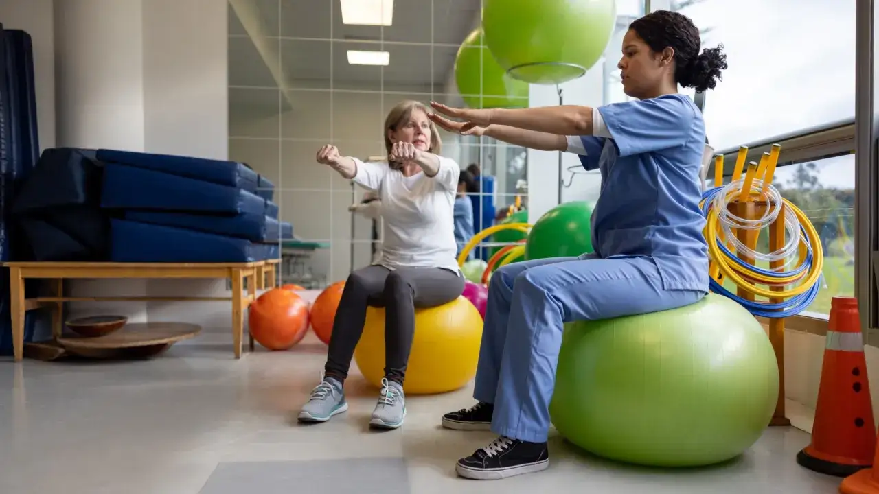 Therapeutin mit Patientin &uuml;bt im Rahmen ihres Sporttherapie Studiums. Sie sitzen auf Gymnastikb&auml;llen und machen Arm&uuml;bungen.
