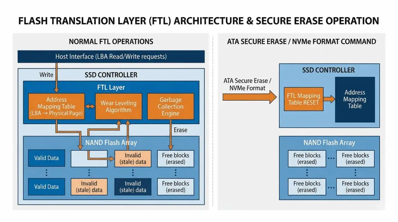 Schemat FTL SSD. Normalne operacje FTL vs. ATA Secure Erase. SSD TRIM to proces, kt&oacute;ry pomaga utrzymać wydajność dysku.