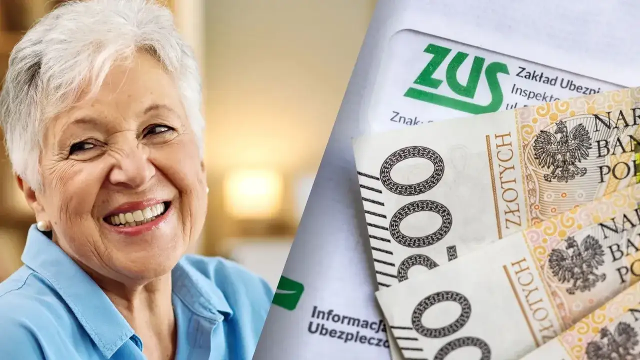 Uśmiechnięta starsza pani obok banknotów i dokumentów ZUS. Składka zdrowotna to ważna sprawa.