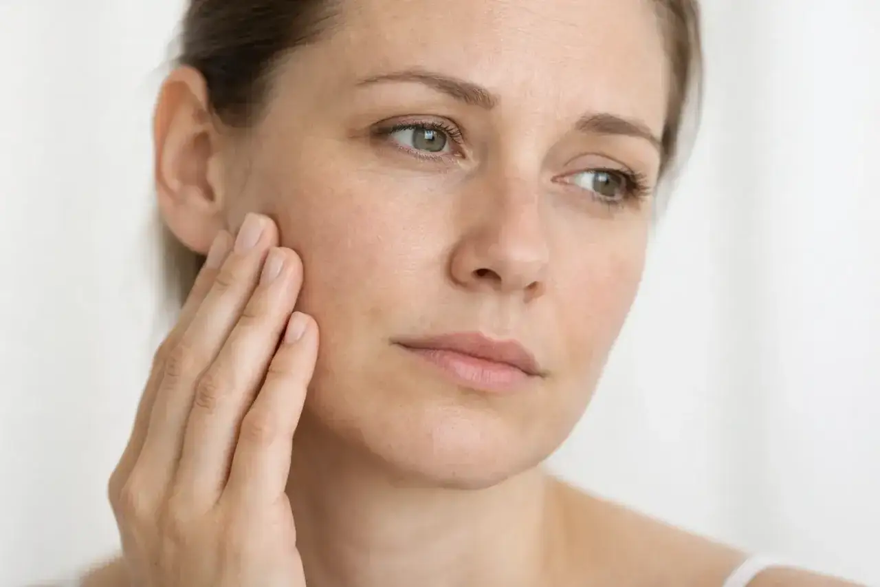 Una mujer se toca la mejilla, su piel muestra un brillo natural, buscando entender qué es glow.