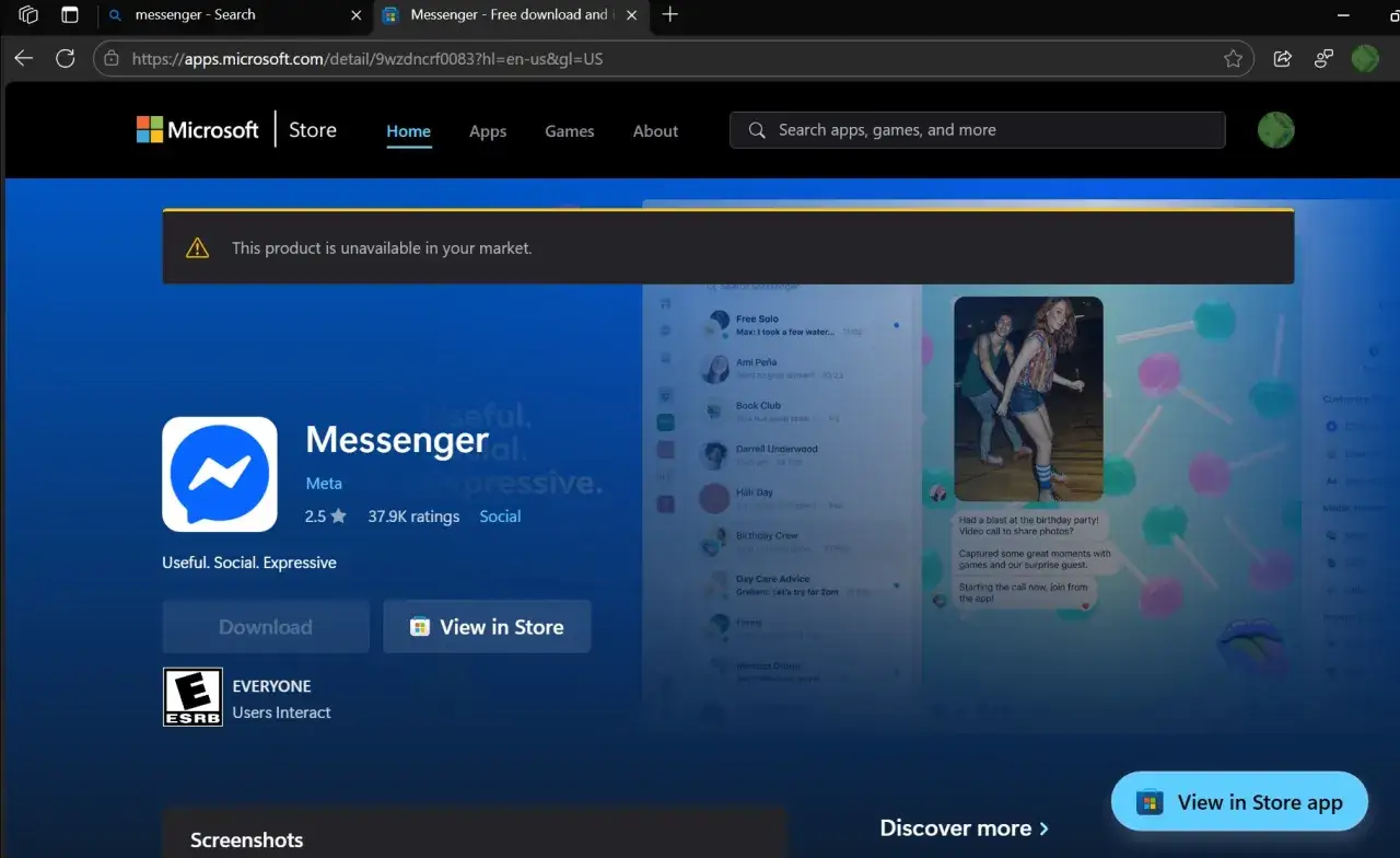 Strona Microsoft Store pokazuje, jak zainstalować Messenger, ale produkt jest niedostępny.