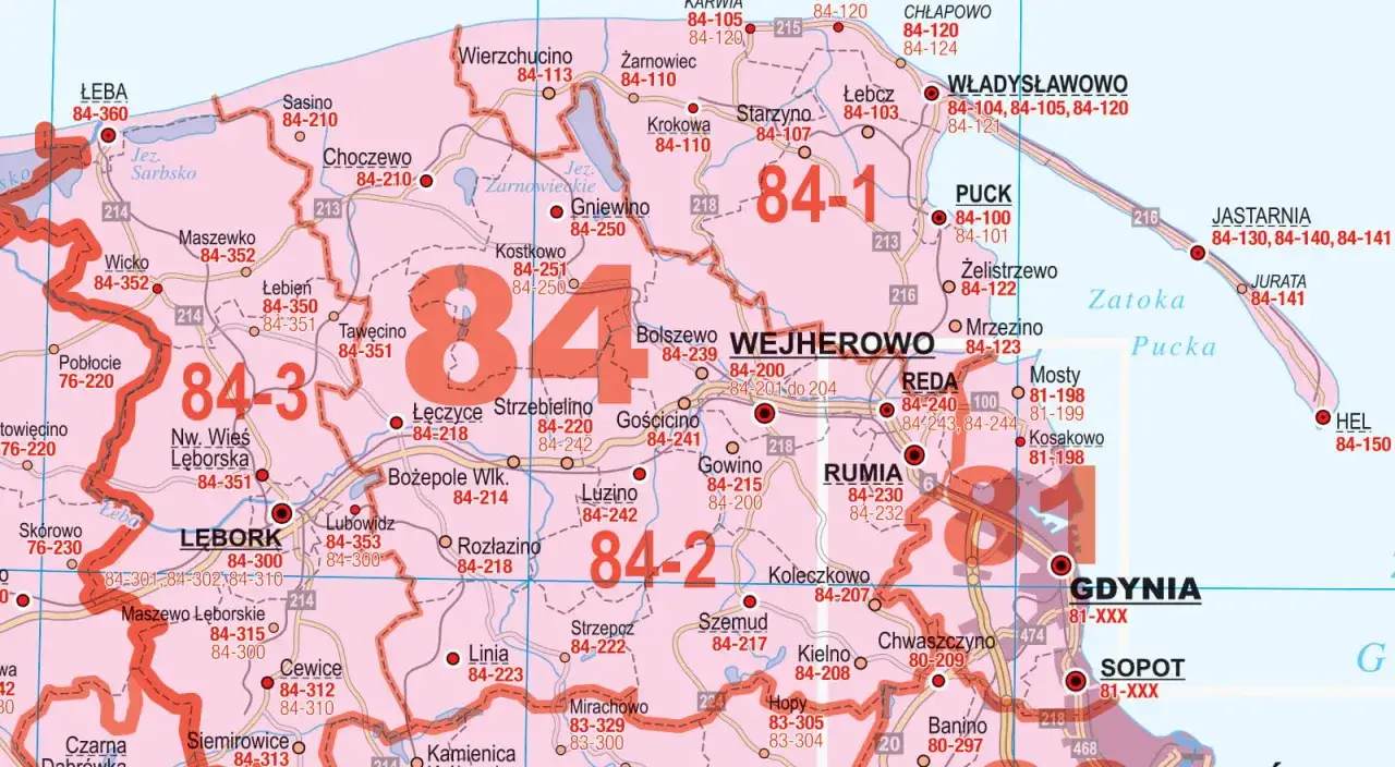 Mapa Polski z zaznaczonymi strefami numeracji, np. 84-1, 84-2, 84-3. Widoczne nazwy miejscowości jak Lębork, Wejherowo, Gdynia. PNT rejestracja.