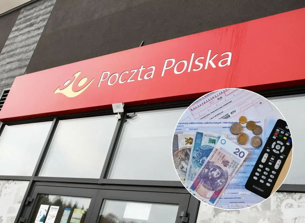 Poczta Polska i dokumenty do opłaty abonamentu radiowo-telewizyjnego, pieniądze i pilot.