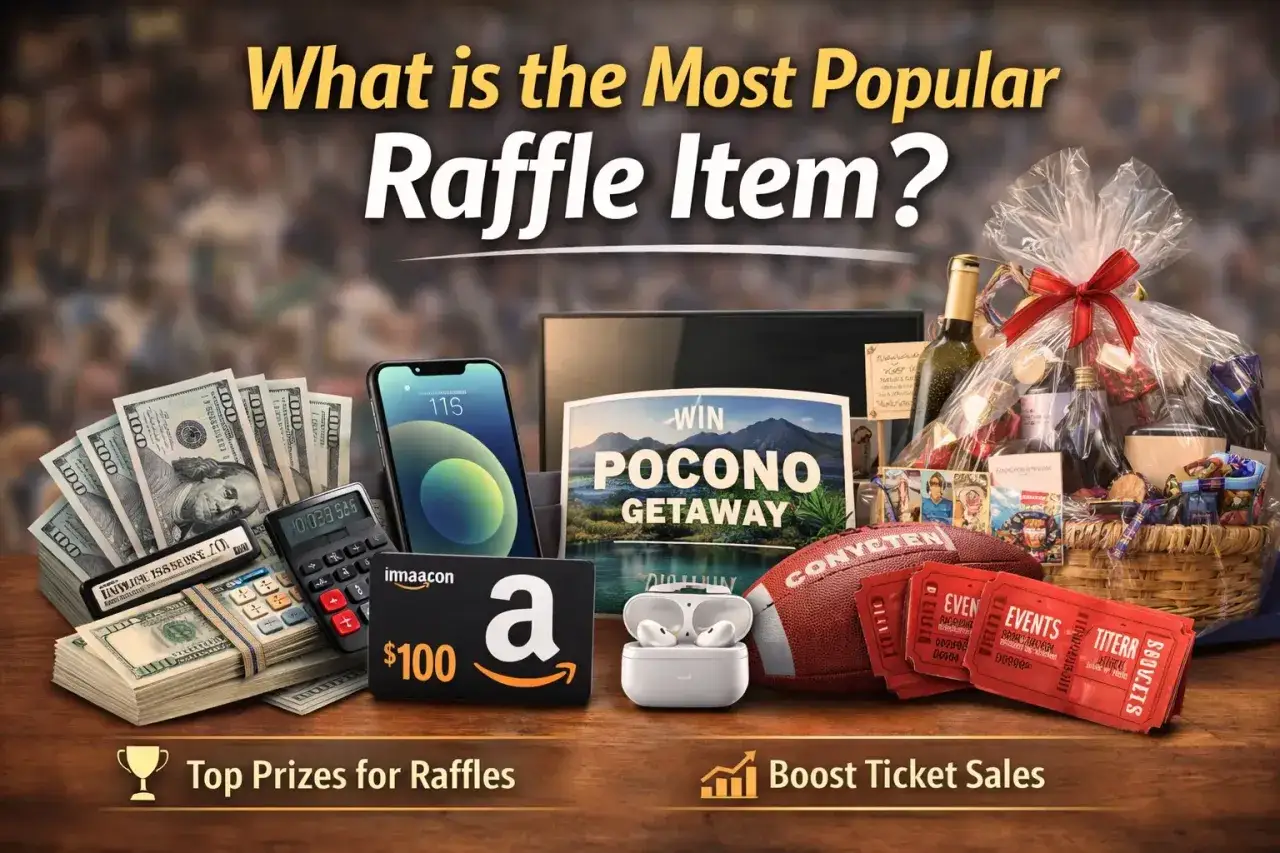 A 50/50 cash raffle prize display featuring stacks of cash, a smartphone, Amazon gift card, AirPods, football, and a gift basket.