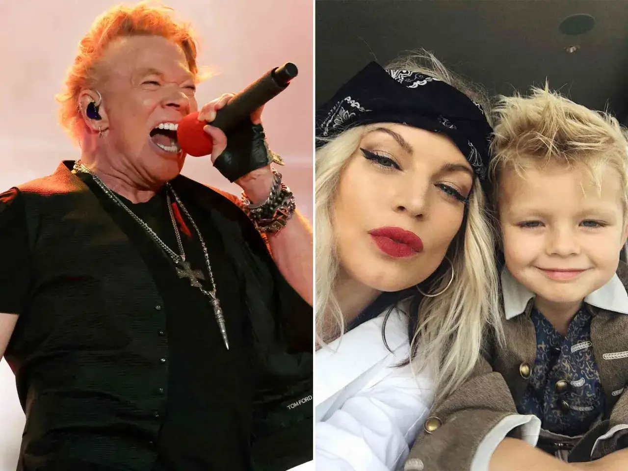 Axl Rose śpiewa na scenie, a obok niego jego syn z Fergie.