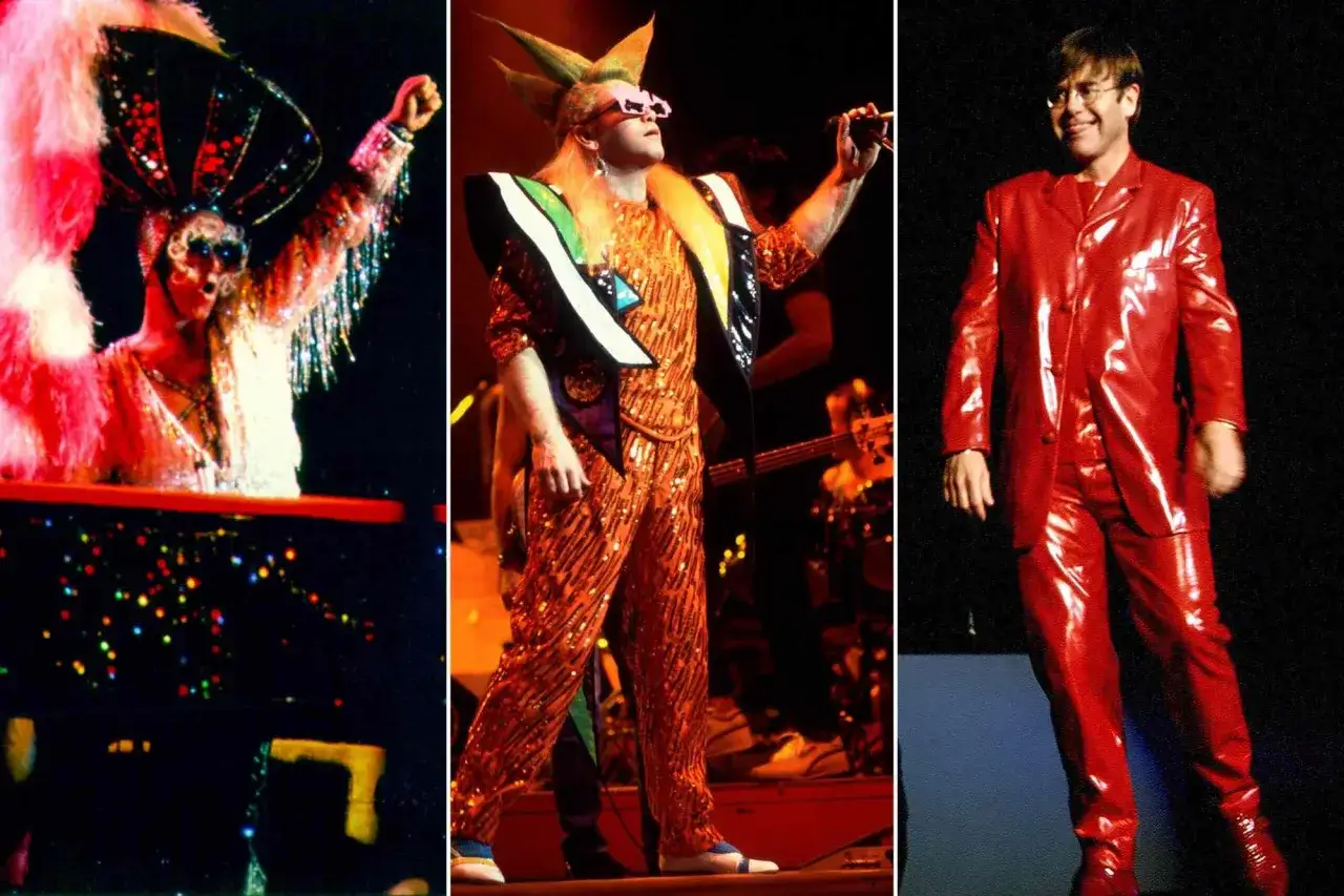 Elton John in drei ikonischen Outfits: Federkrone, Glitzeranzug und roter Lack-Anzug.
