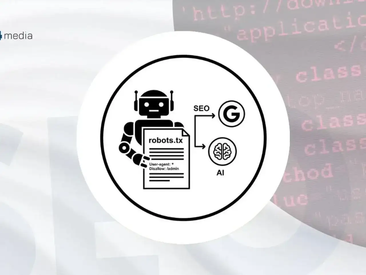 Grafika przedstawia robota trzymającego plik robots.txt, który wpływa na SEO i AI, symbolizowane przez logo Google i mózg.