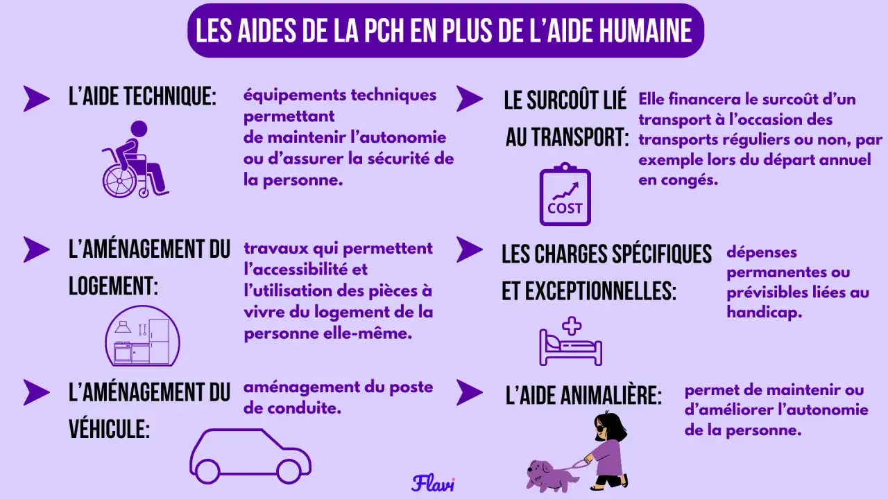Ce schéma détaille les aides de la PCH, comme l'aménagement du logement ou du véhicule, pour un pch montant.