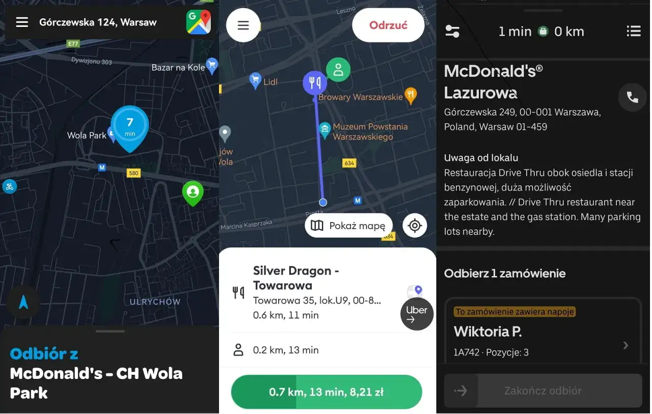 Aplikacja Glovo pokazuje trasę do McDonald's na Lazurowej w Warszawie, z opcją odbioru zam&oacute;wienia z CH Wola Park.