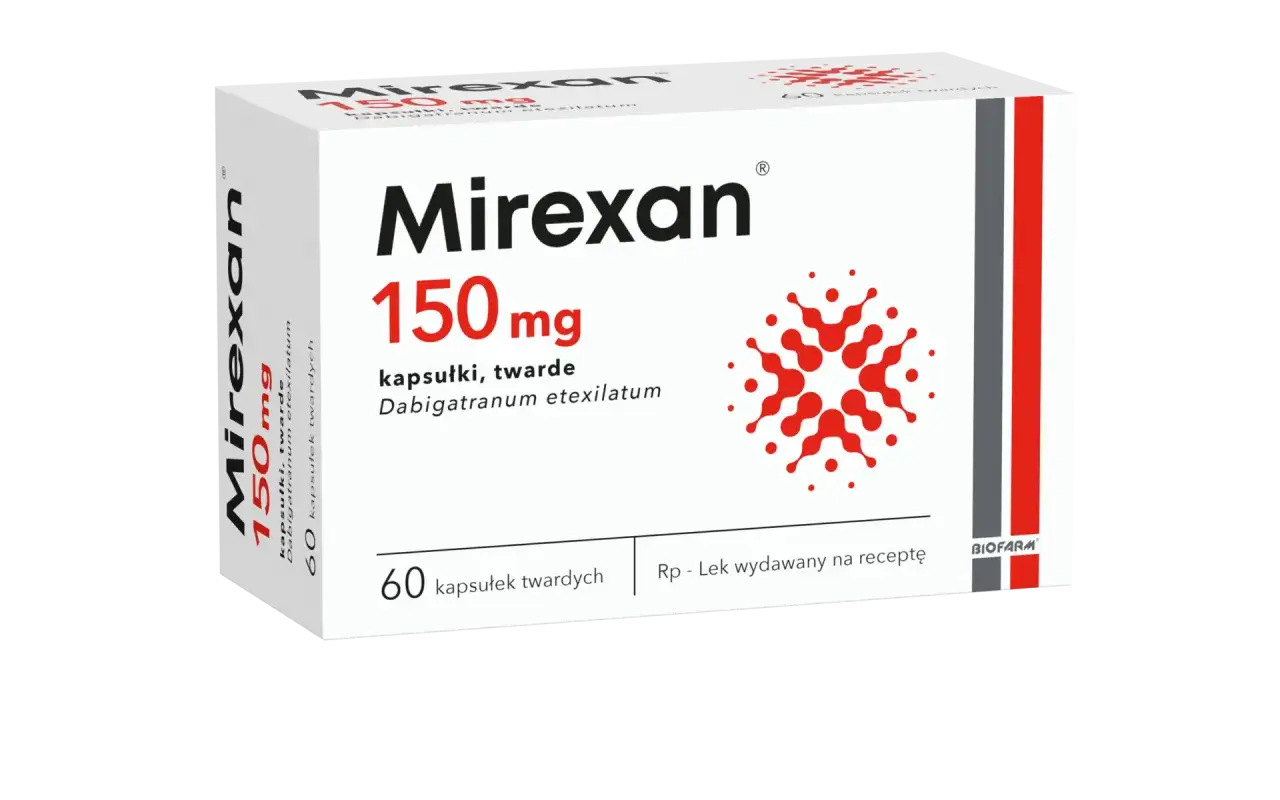 Opakowanie leku Mirexan 150 mg, zawierające 60 kapsułek twardych. Stosowany w leczeniu, by runaplax mógł działać.
