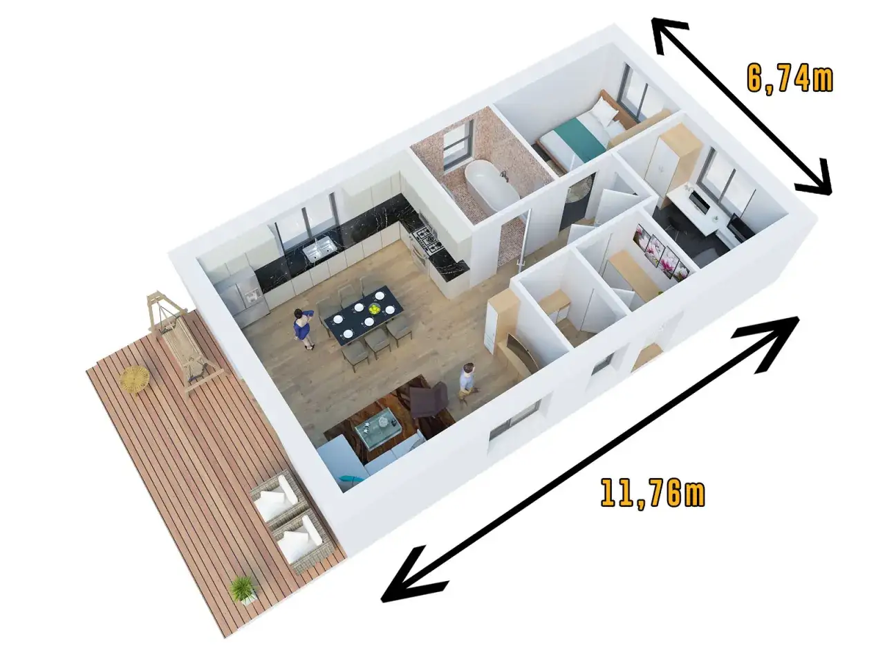 Wizualizacja domu szkieletowego na zgłoszenie: salon, kuchnia, łazienka, sypialnia, taras. Wymiary 11,76m x 6,74m.