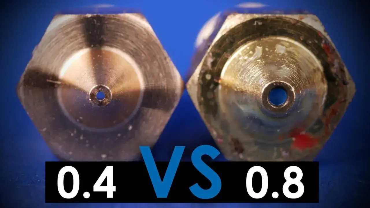 Close-up of two 3D printer nozzles, a clean 0.4mm and a used 0.8mm, highlighting different specifications.