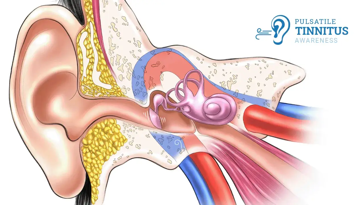Illustration des menschlichen Ohrs mit Darstellung des Innenohrs und der Hörschnecke. Ein pulsierender Herzschlag im Ohr kann ein Symptom für Tinnitus sein.