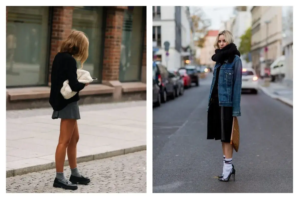 Deux femmes affichent des looks audacieux : l'une porte une chaussette par-dessus sa chaussure plate, l'autre opte pour des chaussettes rayées avec des escarpins.