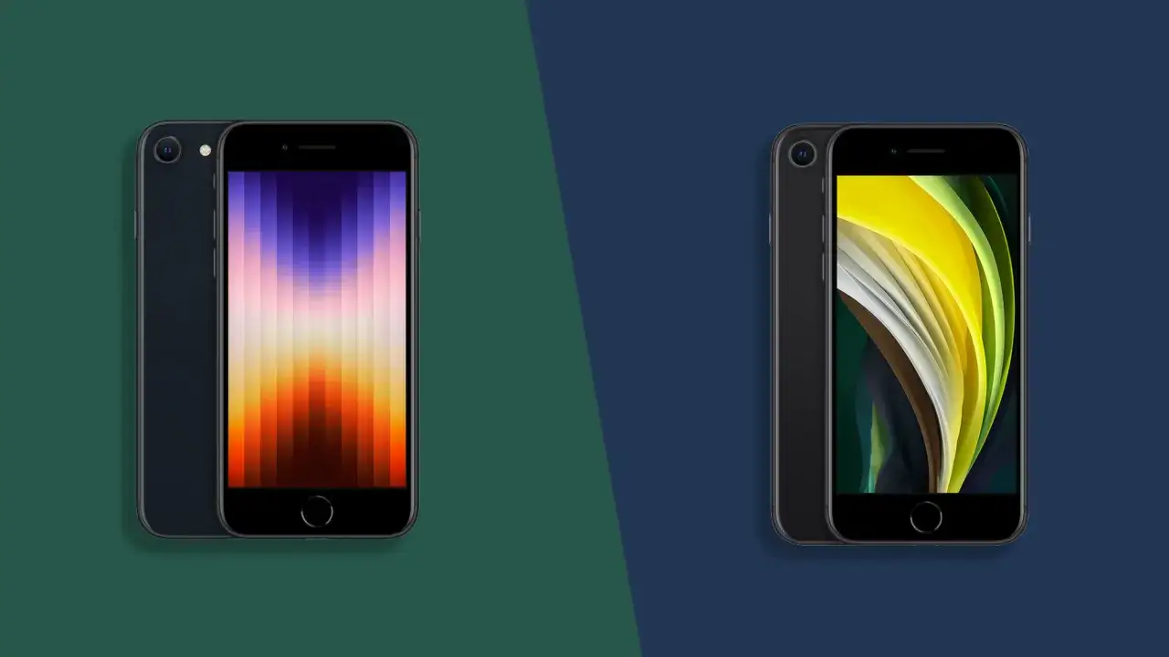 Tv&aring; svarta iPhones, en med en f&auml;rgstark bakgrund p&aring; sk&auml;rmen, kanske en framtida iPhone SE Gen 4.