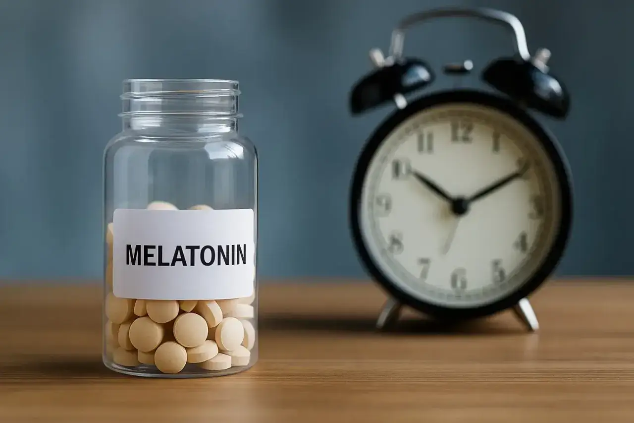 Flasche mit Melatonin-Tabletten und Wecker. Die Frage