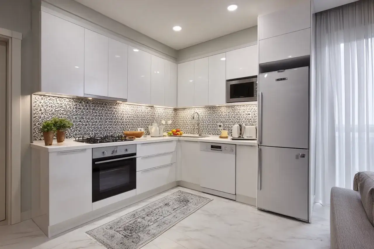 Modern white kitchen cabinet layout with integrated appliances, a patterned backsplash, and a stainless steel refrigerator.