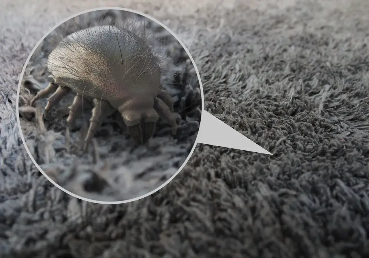 A magnified view of a dust mite on a carpet. This tiny creature could be the reason why is my bed itchy.