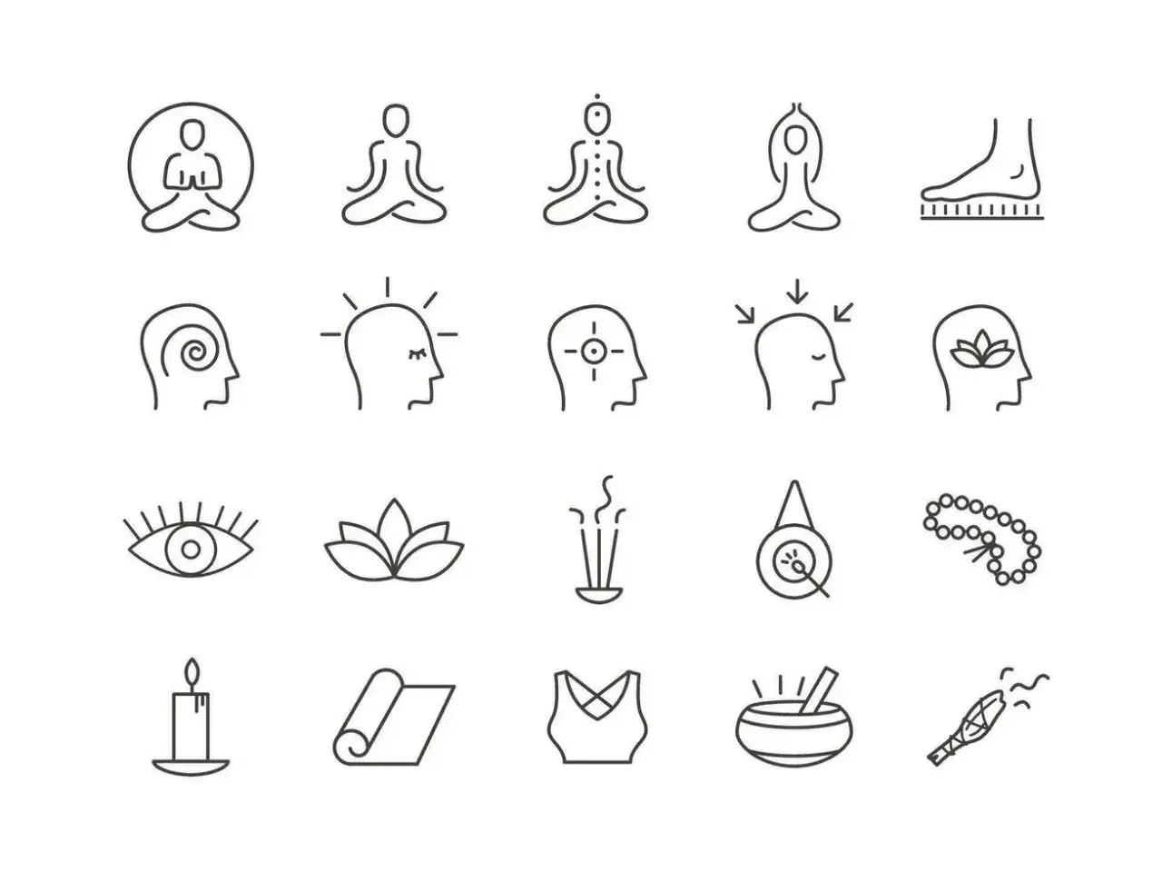 Symbole f&uuml;r Meditation, Yoga und Achtsamkeit. Die energetisch spirituelle Bedeutung dieser Icons zeigt Wege zu innerem Frieden und Wohlbefinden.