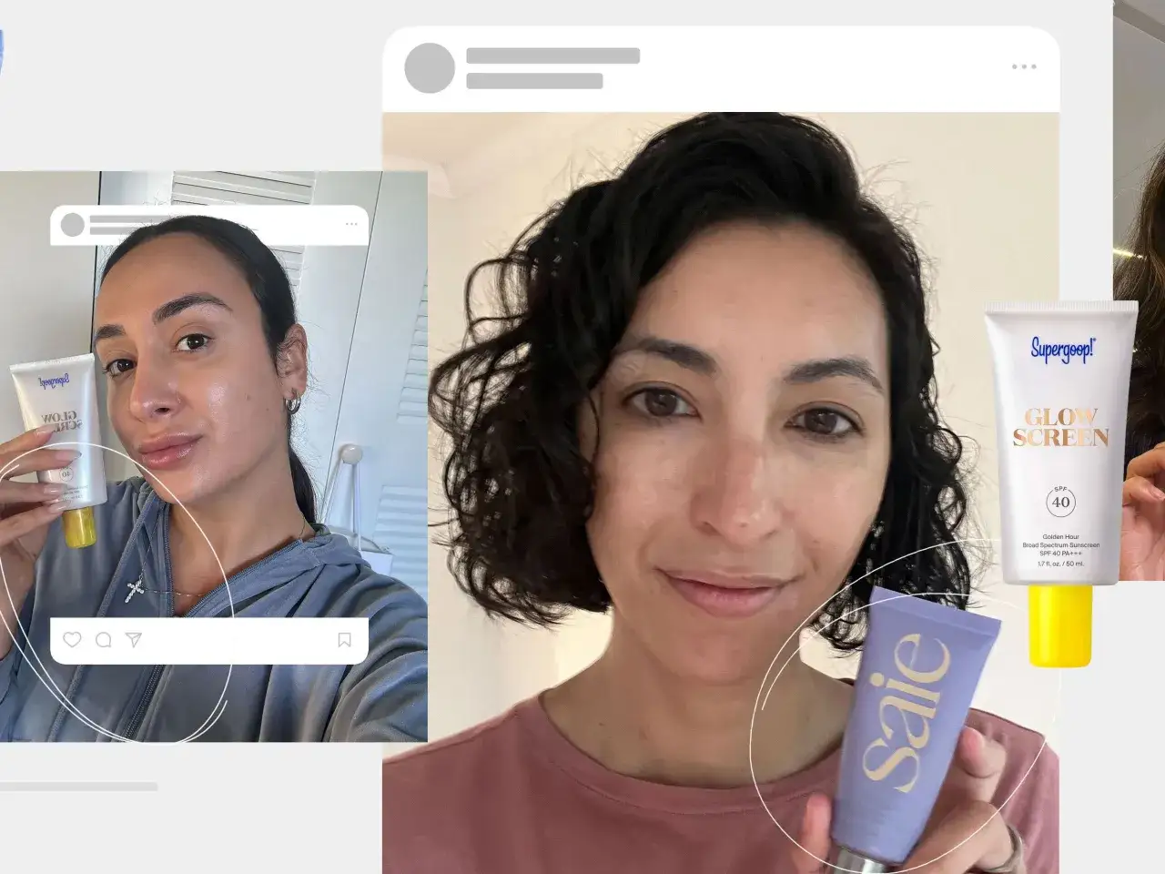 Kvinnor visar upp solskyddsprodukter, en med Supergoop! Glow Screen, en annan med Saie. Perfekt för din dagliga hudvård med antioxidanter.