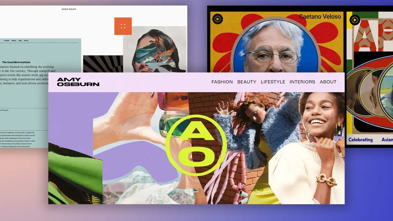 A vibrant collage showcasing a creative portfolio, featuring diverse individuals, artistic collages, and bold typography.