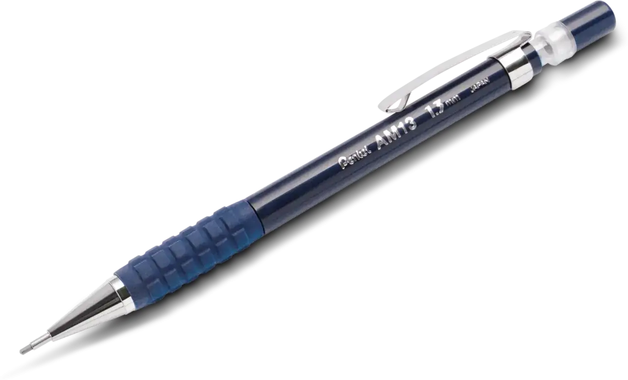 Granatowy ołówek techniczny Pentel AM13 1.3 mm z niebieskim, antypoślizgowym uchwytem. Idealny do precyzyjnych rysunków.