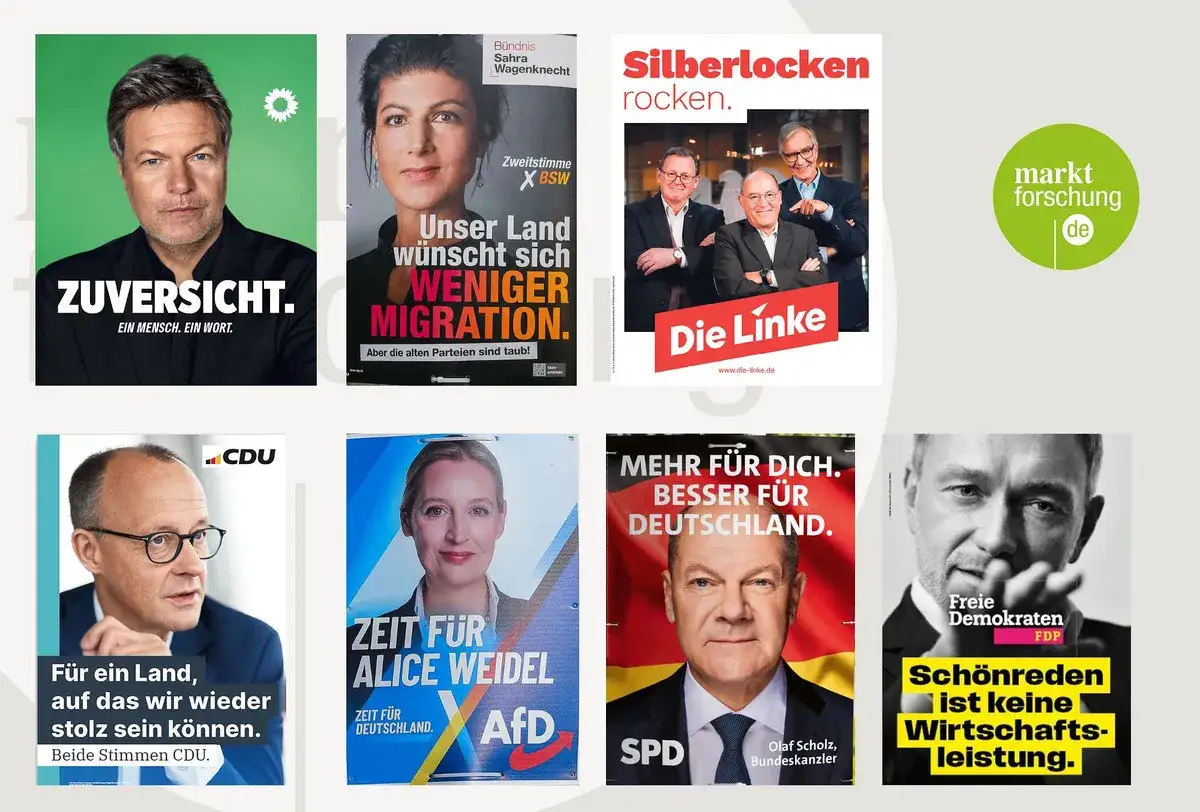 CDU Wahlplakate und andere Parteien zeigen Spitzenkandidaten. Ein Plakat wirbt f&uuml;r 