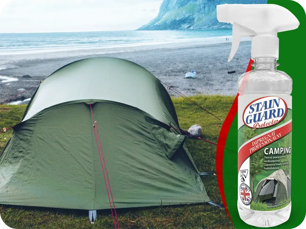 Profesjonalna impregnacja namiotu na plaży. Spray Stain Guard Protector zapewnia wodoodporność i trwałą ochronę hydrofobową.