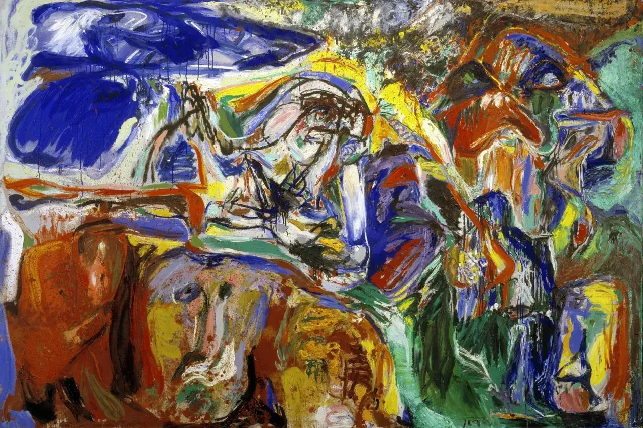 Asger Jorns f&auml;rgsprakande m&aring;lning med ansikten och figurer i en kaotisk men levande komposition.