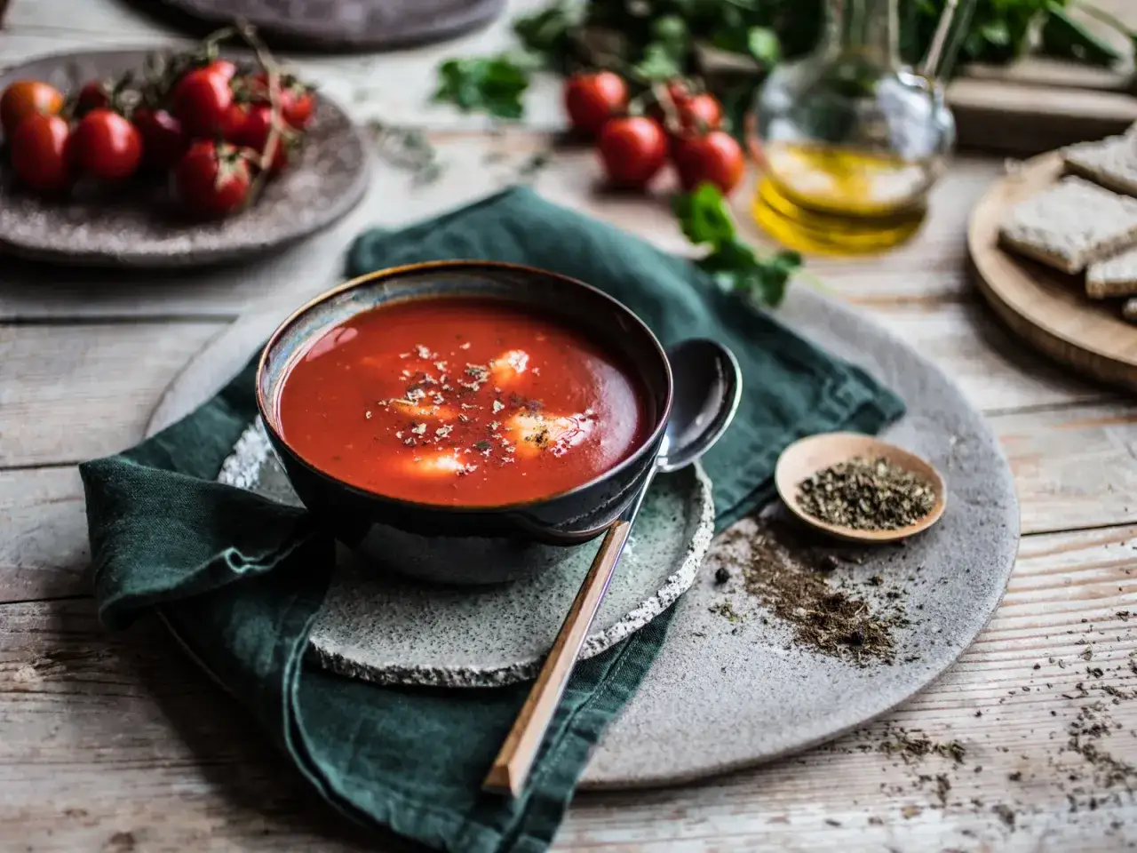 En skål med krämig tomatsoppa, perfekt för ett enkelt tomatsoppa recept. Serveras med färska tomater och kex.