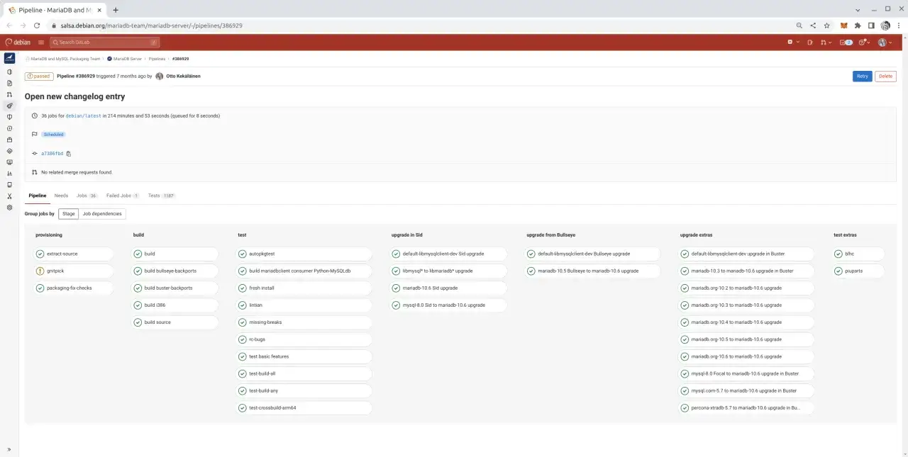 Pipeline de tests pour debian mariadb, incluant build, test et mises &agrave; niveau vers diff&eacute;rentes versions.