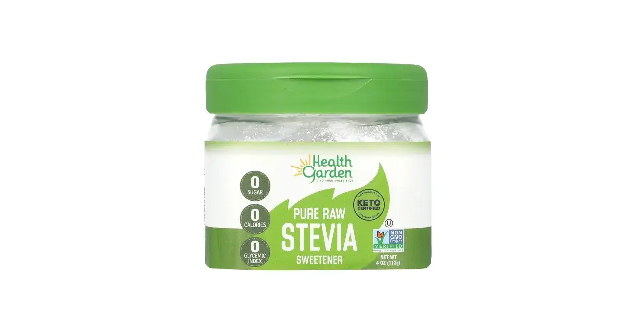Barattolo di dolcificante Health Garden Stevia, con indicazioni 