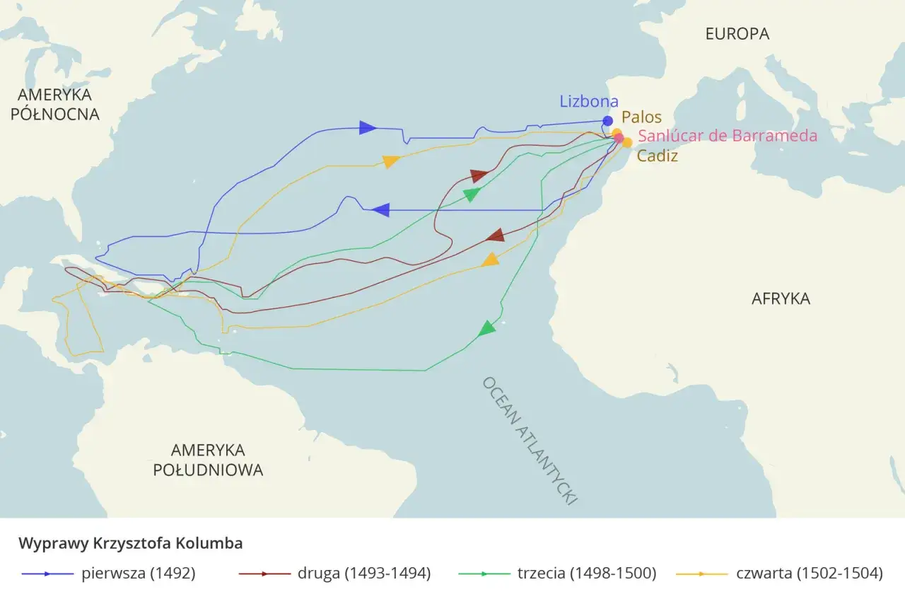 Mapa pokazuje cztery wyprawy Krzysztofa Kolumba. Pierwsza trwała od 1492 roku.