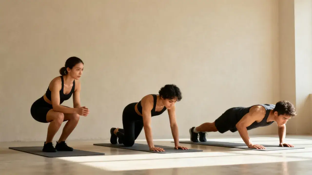Tre persone si allenano a casa con esercizi a corpo libero: squat, plank e flessioni.