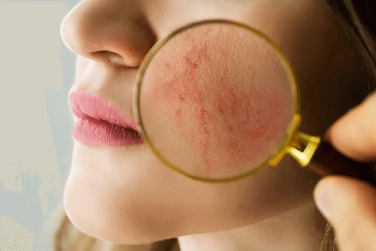 Ingrandimento dei rossori sul viso, evidenziando la texture della pelle e i capillari dilatati.
