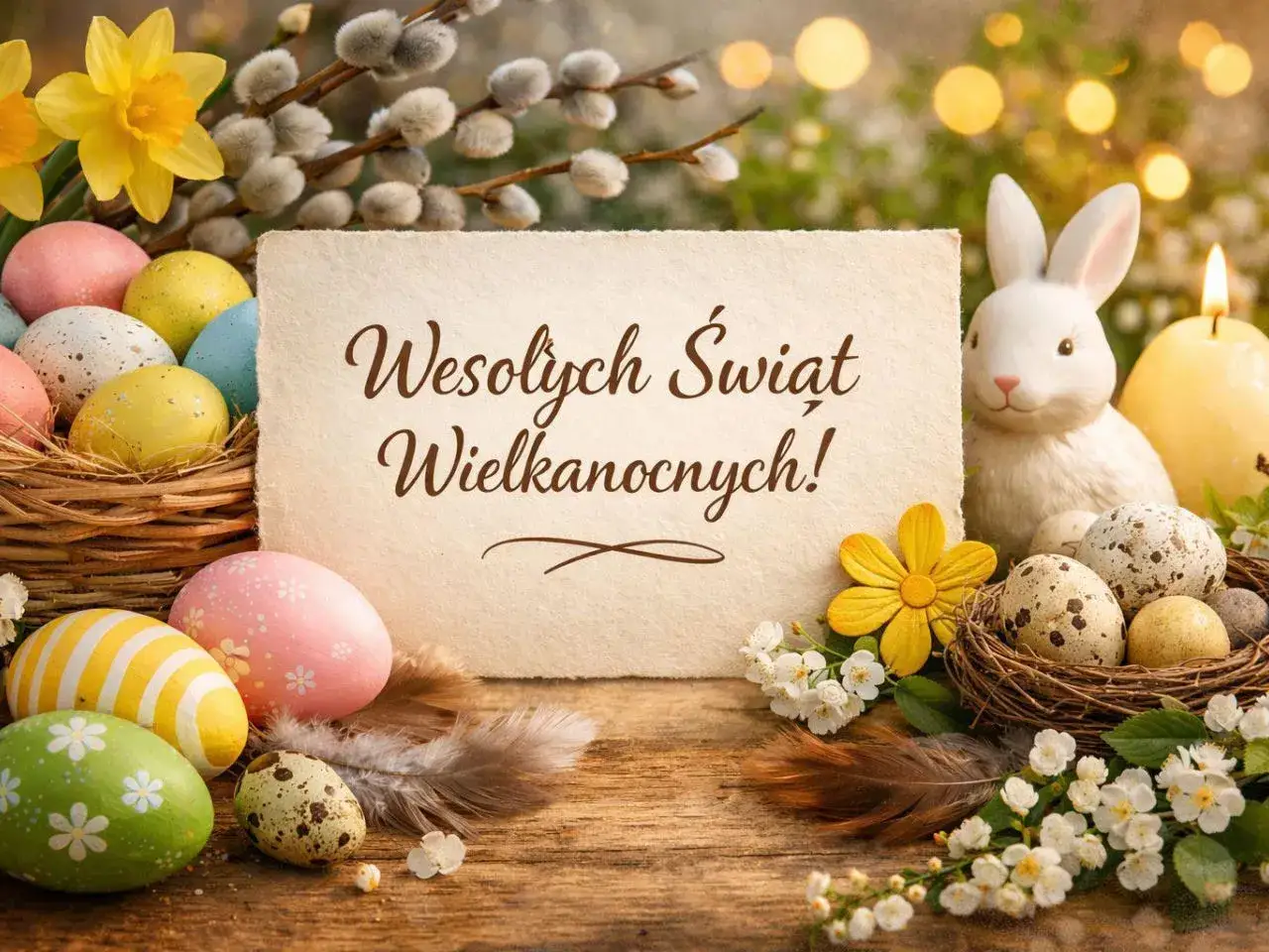 Wesołych Świąt Wielkanocnych! Zajączek, pisanki, bazie i żonkile tworzą radosną, wiosenną kompozycję.
