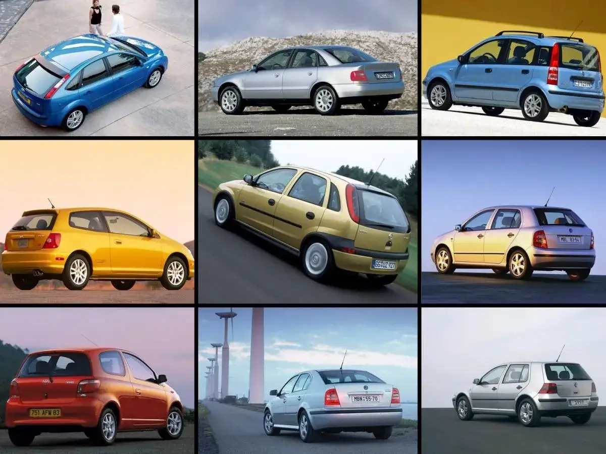 Kompilacja samochodów do 10 tys. zł: niebieski Ford Focus, srebrny sedan, błękitny Fiat Panda, żółty hatchback, złoty Opel Corsa, srebrna Skoda Fabia, pomarańczowy Toyota Yaris, srebrny sedan i srebrny VW Golf.