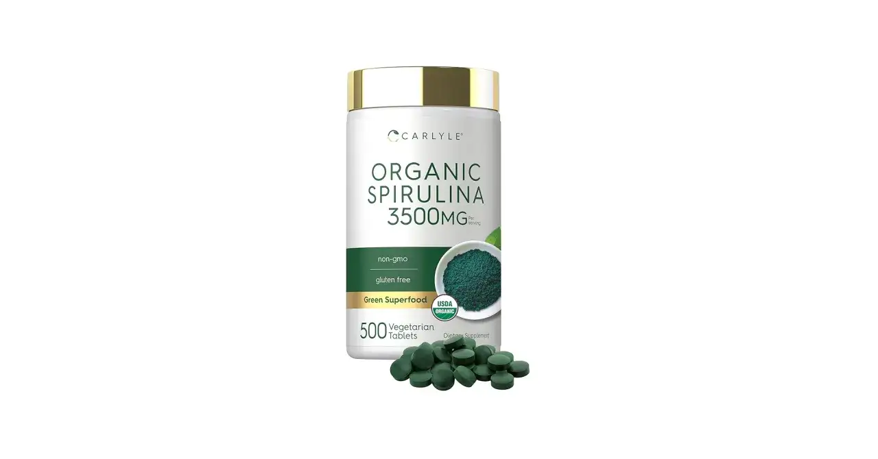 Bouteille de spiruline bio 3500mg, 500 comprimés. Découvrez les bienfaits de ce superaliment vert, sans OGM et sans gluten.