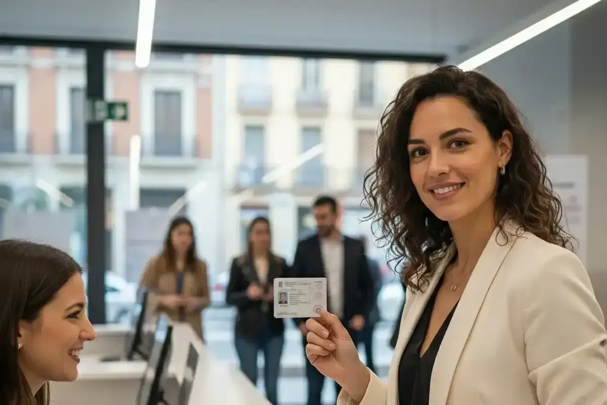 Mujer sonriente muestra un certificado digital con pasaporte. Detr&aacute;s, personas esperan en fila.