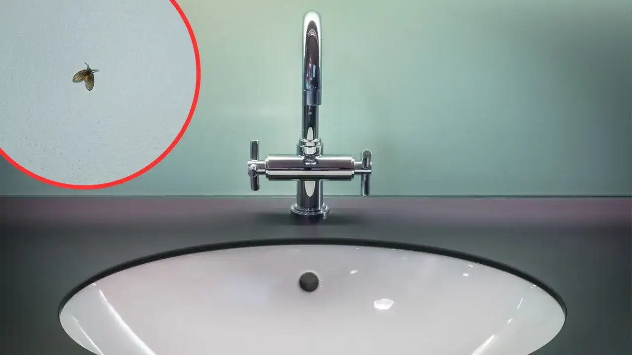 Mała muszka w łazience, latająca nad umywalką z chromowaną baterią.