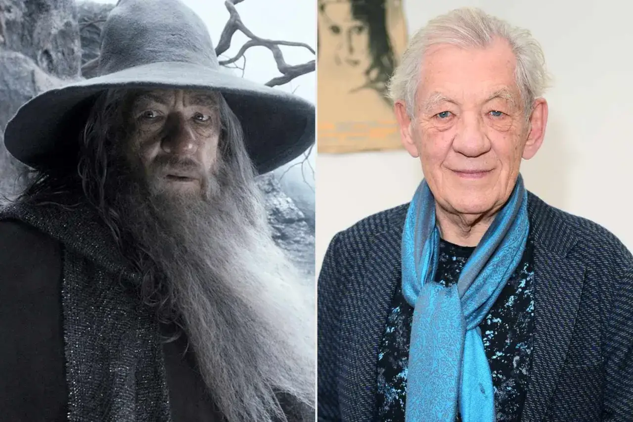 Gandalf w szarej szacie i kapeluszu obok uśmiechniętego Sir Iana McKellena.