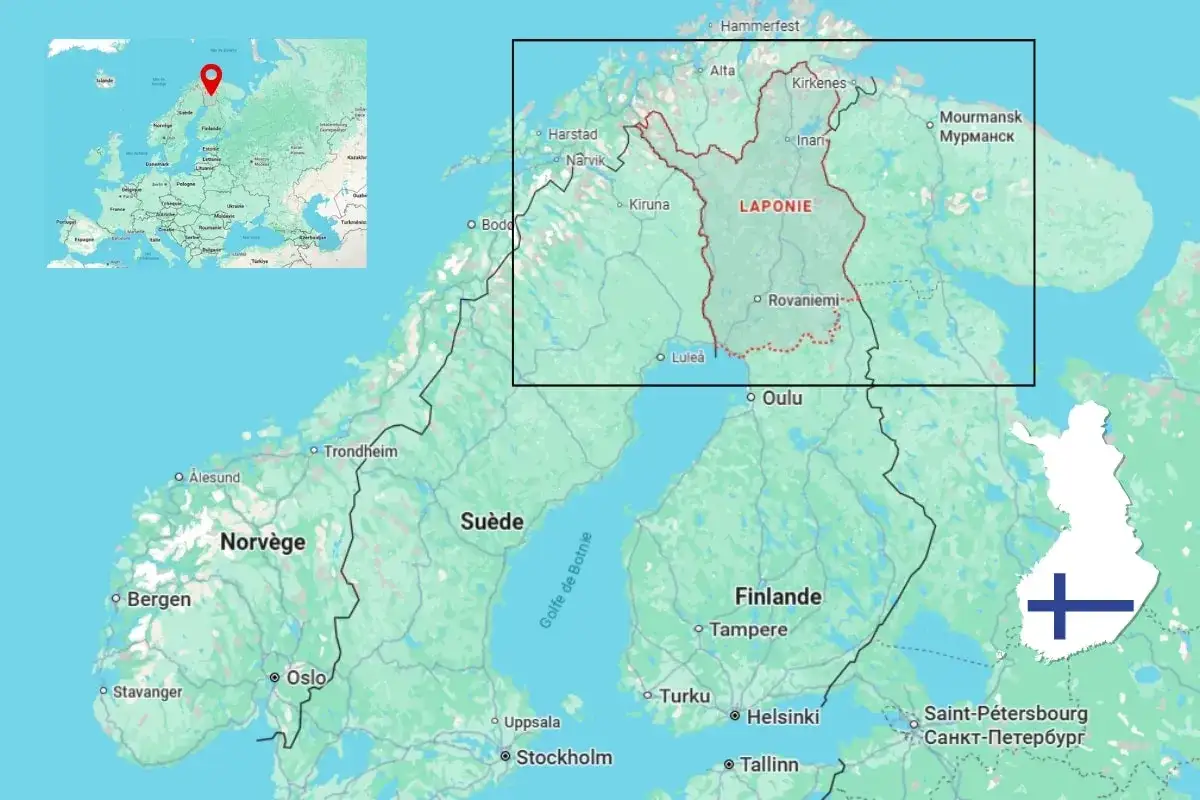 Carte de l'Europe du Nord, montrant la Laponie, la Finlande, la Norvège et la Suède.