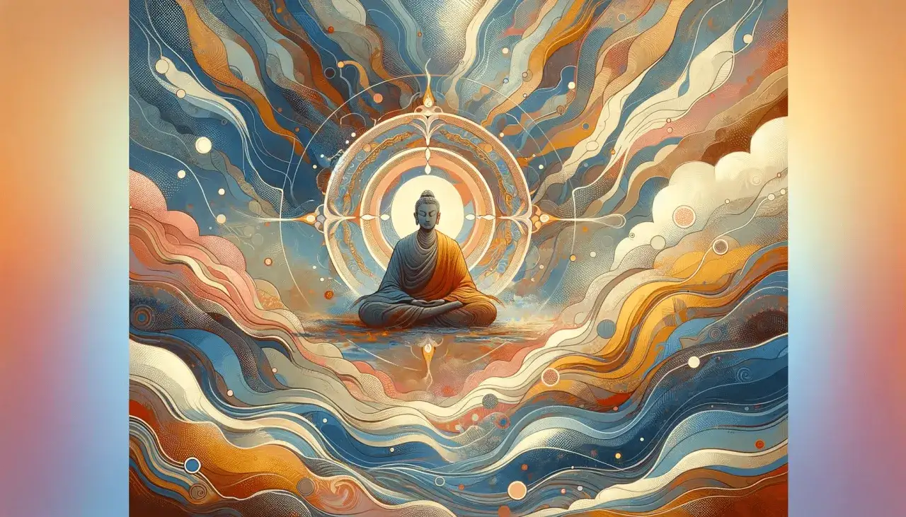 Budda w medytacji, otoczony wirującymi kolorami, symbolizuje nirwanę – stan całkowitego wyzwolenia od cierpienia.