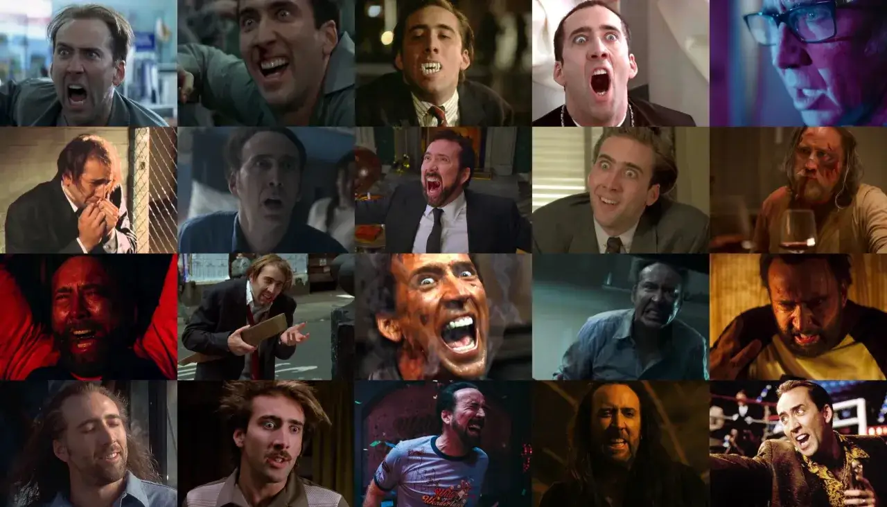 En montage av Nicolas Cage i olika filmer, med uttryck som spänner från skräck till extas. En hyllning till hans mångsidighet i filmer med Nicolas Cage.